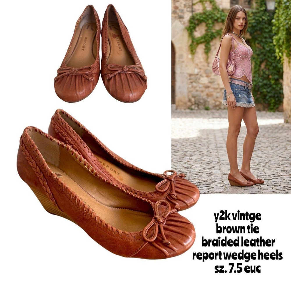 Vintage Y2K Report Brown Braided Leather Tie Wedge Heels 7.5